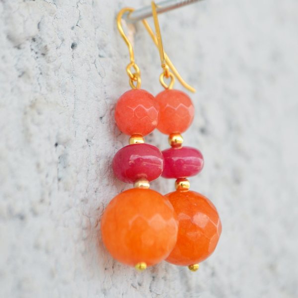 Τριπλά σκουλαρίκια πορτοκαλί - statement, ασήμι, ημιπολύτιμες πέτρες, vintage, επιχρυσωμένα, romantic, boho, ethnic, κρεμαστά