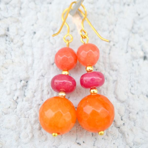 Τριπλά σκουλαρίκια πορτοκαλί - statement, ασήμι, ημιπολύτιμες πέτρες, vintage, επιχρυσωμένα, romantic, boho, ethnic, κρεμαστά - 2