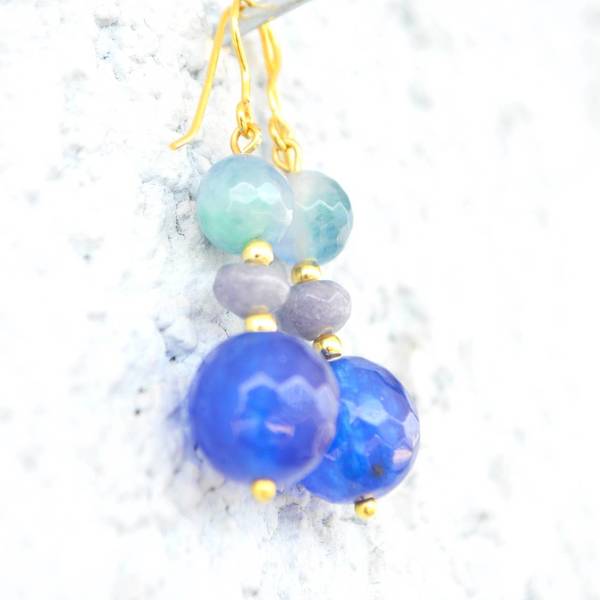 Τριπλά σκουλαρίκια μπλε - statement, ασήμι, ημιπολύτιμες πέτρες, επιχρυσωμένα, romantic, boho, ethnic, κρεμαστά - 3