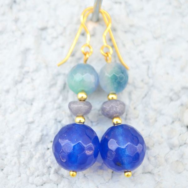 Τριπλά σκουλαρίκια μπλε - statement, ασήμι, ημιπολύτιμες πέτρες, επιχρυσωμένα, romantic, boho, ethnic, κρεμαστά - 2
