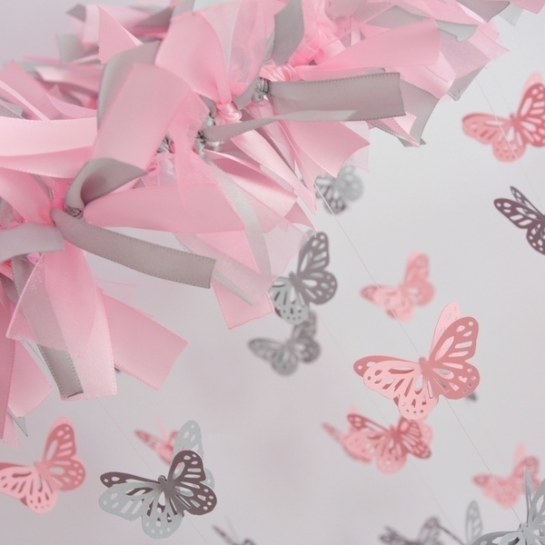 Butterfly Mobile -pink & grey - διακοσμητικό, κορίτσι, πεταλούδα, δωμάτιο, παιδί, δωράκι, μόμπιλε