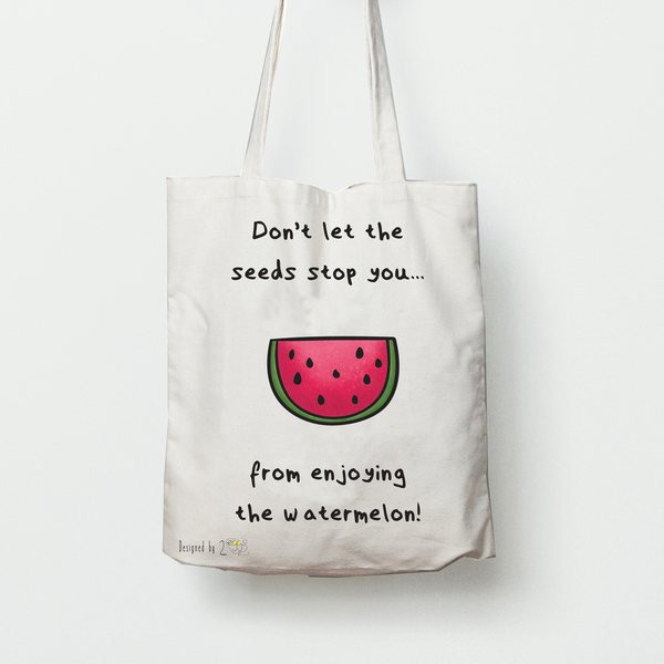 ❤Don't let the seeds stop you from enjoying the watermelon❤ | Υφασμάτινη τσάντα, 100% cotton. - ύφασμα, βαμβάκι, εκτύπωση, fashion, καλοκαιρινό, καλοκαίρι, ώμου, κορίτσι, δώρο, αγάπη, τσάντα, summer, δώρα, καρπούζι, παραλία, θάλασσα, all day, δωράκι, απαραίτητα καλοκαιρινά αξεσουάρ, ξεχωριστό, unique, θαλάσσης, all season, έλληνες σχεδιαστές, tote, δώρα για γυναίκες