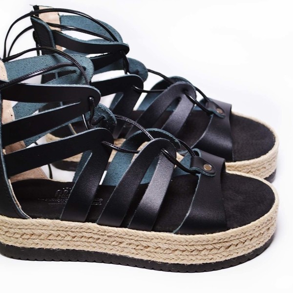 Black leather Gladiator Sandal "la Luna" - Νο 40 - δέρμα, γυναικεία, σανδάλια, μαύρα, αρχαιοελληνικό - 2