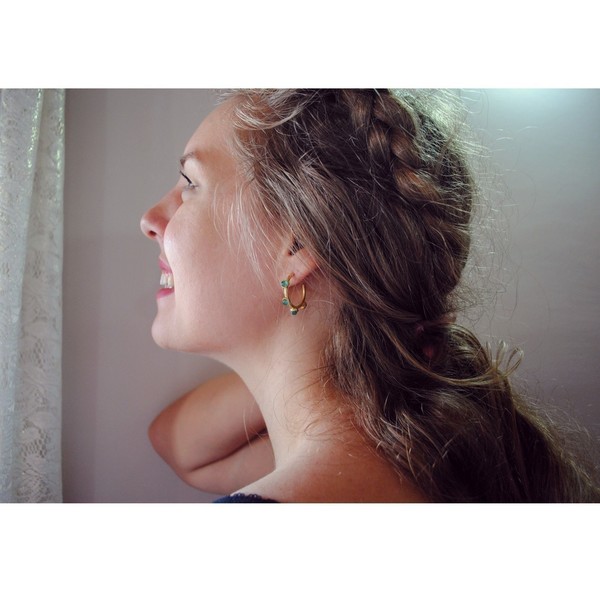 *Sunrise Hoop Earrings* - Ροζ χαλαζίας/ Πράσινος αχάτης - ασήμι, ημιπολύτιμες πέτρες, μοντέρνο, επιχρυσωμένα, επάργυρα, γεωμετρικά σχέδια, romantic, minimal, καρφωτά, unisex, boho, ethnic, rock - 5