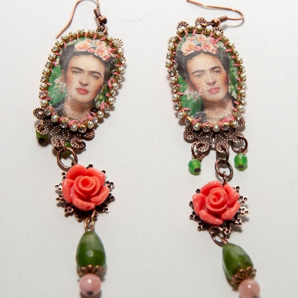 Σκουλαρίκια Frida Kahlo - statement, ημιπολύτιμες πέτρες, ύφασμα, summer, χάντρες, boho, ethnic, κρεμαστά, γάντζος - 2