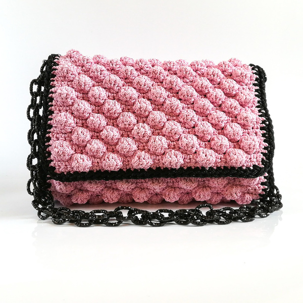 Ροζ μεταλλική με μαύρες λεπτομέρειες bubble τσάντα κροσέ - αλυσίδες, βραδυνά, χιαστί, crochet, γεωμετρικά σχέδια, minimal, πλεκτές τσάντες