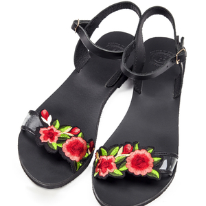 Florence sandals - δέρμα, κεντητά, λουλούδια, φλοράλ, romantic, all day, μαύρα, boho, φλατ, ankle strap