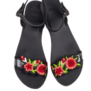 Florence sandals - δέρμα, κεντητά, λουλούδια, φλοράλ, romantic, all day, μαύρα, boho, φλατ, ankle strap - 2