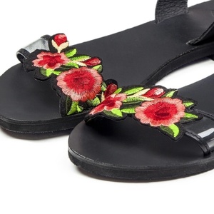 Florence sandals - δέρμα, κεντητά, λουλούδια, summer, φλοράλ, romantic, all day, μαύρα, boho, φλατ, ankle strap - 3