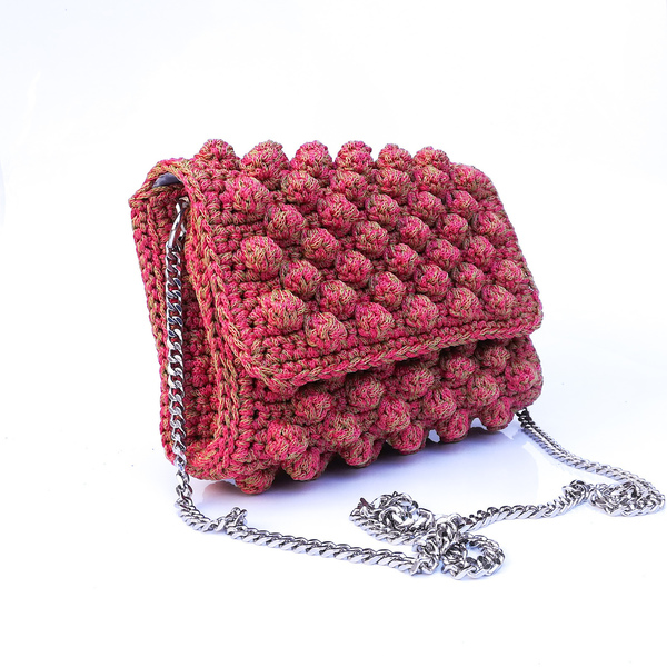 Πλεκτή bubble τσάντα κροσέ σε χαρούμενους καλοκαιρινούς τόνους - αλυσίδες, βραδυνά, χιαστί, crochet, γεωμετρικά σχέδια, minimal, πλεκτές τσάντες - 2