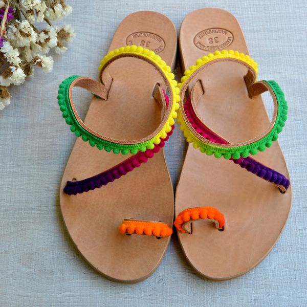 Rainbow Leather Sandals - δέρμα, pom pom, boho, ethnic, φλατ, ankle strap - 2