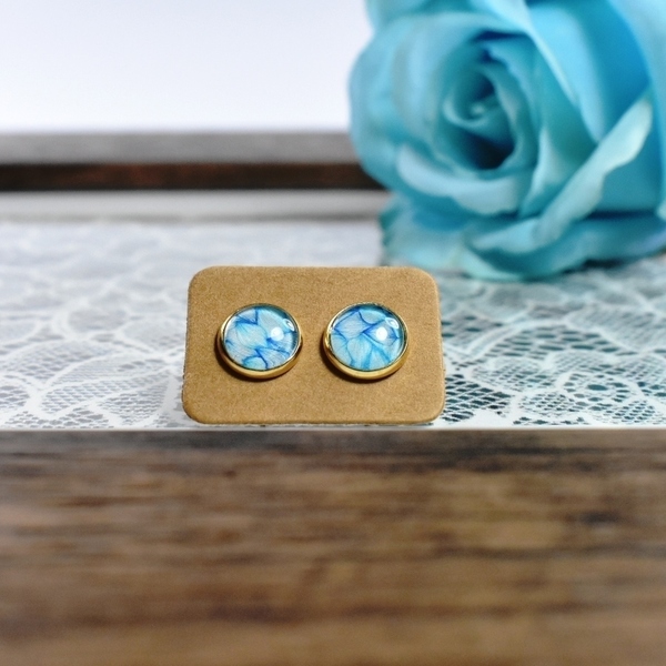Stud earrings | Leaves | Blue - γυαλί, μοντέρνο, επιχρυσωμένα, φύλλο, romantic, καθημερινό, minimal, καρφωτά - 3