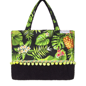 Pina Colada beach bag - ύφασμα, chic, καλοκαίρι, pom pom, μεγάλες, εντυπωσιακό, παραλία, θάλασσα, boho, θαλάσσης