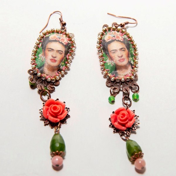 Σκουλαρίκια Frida Kahlo - statement, ημιπολύτιμες πέτρες, ύφασμα, summer, χάντρες, boho, ethnic, κρεμαστά, γάντζος