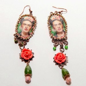 Σκουλαρίκια Frida Kahlo - statement, ημιπολύτιμες πέτρες, ύφασμα, summer, χάντρες, boho, ethnic, κρεμαστά, γάντζος