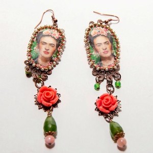 Σκουλαρίκια Frida Kahlo - statement, ημιπολύτιμες πέτρες, ύφασμα, χάντρες, boho, ethnic, κρεμαστά, γάντζος