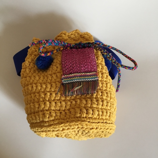 Mother’s and daughter’s bag - μονόχρωμες, πουγκί, χιαστί, crochet, pom pom, boho, πλεκτή - 3