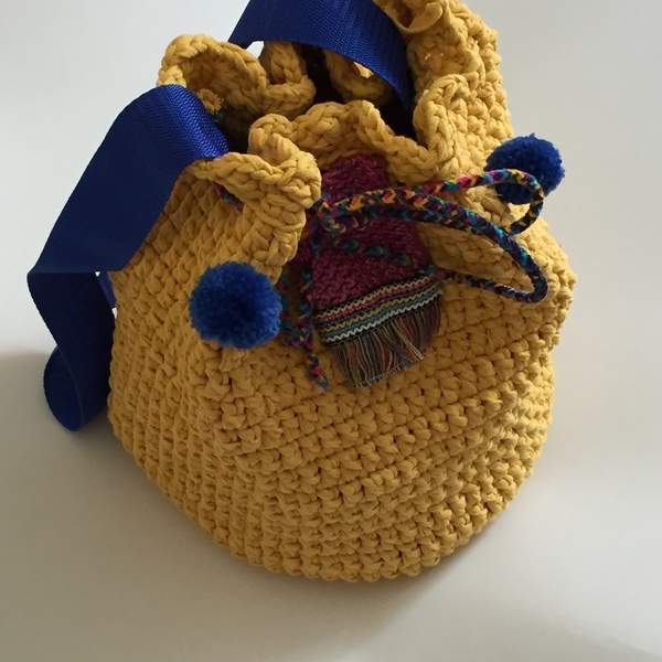 Mother’s and daughter’s bag - μονόχρωμες, πουγκί, χιαστί, crochet, pom pom, boho, πλεκτή - 4
