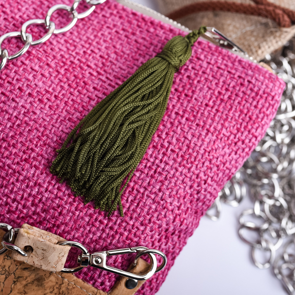 Τσάντα Φάκελος από Φελλό και Ύφασμα " Pink " - αλυσίδες, μονόχρωμες, φάκελοι, με φούντες, χιαστί, minimal, απαραίτητα καλοκαιρινά αξεσουάρ, boho, φελλός - 4