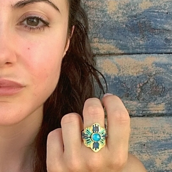 Amaryllis Ring-Χειροποίητο Κεντητό Δαχτυλίδι Από Επιχρυσωμένο Ασήμι με Μπλε Αχάτη - ημιπολύτιμες πέτρες, αχάτης, πλεκτό, πέτρα, επιχρυσωμένα, ασήμι 925, κορδόνια, λουλούδι, μεγάλα - 2