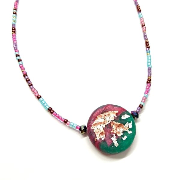 Colourfull polymer clay necklace - μοντέρνο, επιχρυσωμένα, πηλός, χάντρες, κοντό, χαρούμενο, boho, ethnic, κρεμαστά - 2