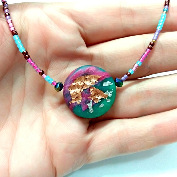 Colourfull polymer clay necklace - μοντέρνο, επιχρυσωμένα, πηλός, χάντρες, κοντό, χαρούμενο, boho, ethnic, κρεμαστά