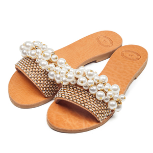Pearly sandals - δέρμα, chic, στρας, ιδιαίτερο, summer, romantic, unique, πέρλες, νυφικά, φλατ, slides - 2