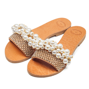 Pearly sandals - δέρμα, chic, στρας, ιδιαίτερο, romantic, unique, πέρλες, νυφικά, φλατ, slides - 2