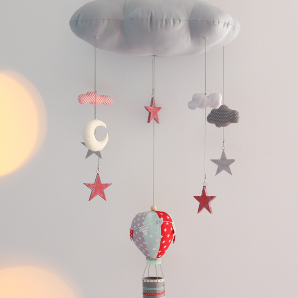 Μόμπιλε σύννεφο με αερόστατο και αστέρια σε υπέροχο συνδυασμό χρωμάτων - αγόρι, αστέρι, δώρο, αερόστατο, δώρα για βάπτιση, συννεφάκι, βάπτιση, μόμπιλε, παιδικό δωμάτιο, παιδική διακόσμηση, βρεφικά, κρεμαστά, δώρο για νεογέννητο, δώρα για μωρά, προίκα μωρού