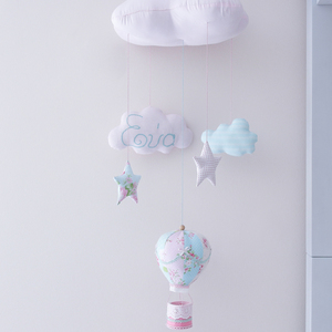 Μόμπιλε με αερόστατο σύννεφα και αστεράκια - κορίτσι, αγόρι, αστέρι, δώρο, αερόστατο, σύννεφο, χειροποίητα, δώρα για βάπτιση, υποαλλεργικό, μόμπιλε, παιδικό δωμάτιο, παιδική διακόσμηση, βρεφικά, κρεμαστά, 0-3 μηνών, δώρο για νεογέννητο