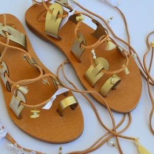 Gold Summer Handmade Sandal No 38 - δέρμα, handmade, δαντέλα, καλοκαιρινό, καλοκαίρι, σανδάλι, κορδόνια, χειροποίητα, χάντρες, romantic, αρχαιοελληνικό, πέρλες, gladiator - 2