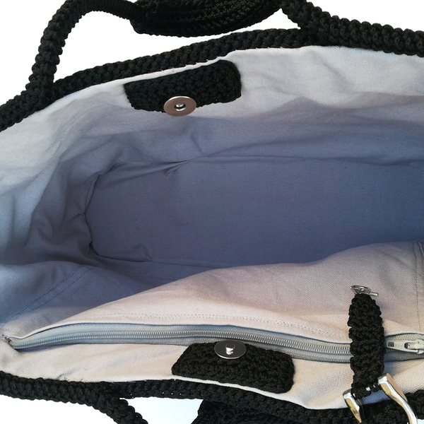 Μεγάλη tote τσάντα ώμου, κροσέ, μίνιμαλ , total black - ώμου, all day, minimal, πλεκτές τσάντες - 4