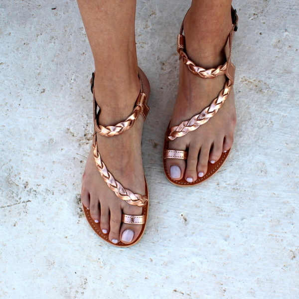 golden chic sandals - δέρμα, romantic, minimal, αρχαιοελληνικό, νυφικά, φλατ, ankle strap - 2