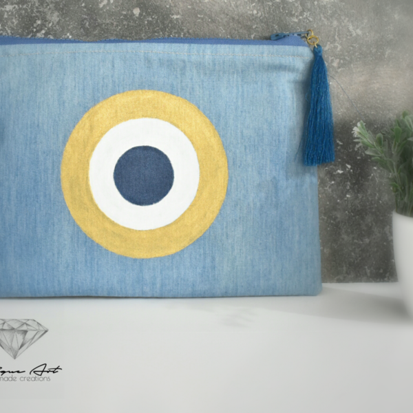 Unique Evil Eye pouch | Gold - ύφασμα, ζωγραφισμένα στο χέρι, μοναδικό, φάκελοι, μάτι, εντυπωσιακό, all day, minimal, boho, ethnic, κρόσσια, χειρός, ματάκια, βραδινές, μικρές, φθηνές - 2