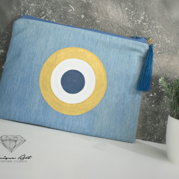 Unique Evil Eye pouch | Gold - ύφασμα, ζωγραφισμένα στο χέρι, μοναδικό, φάκελοι, μάτι, εντυπωσιακό, all day, minimal, boho, ethnic, κρόσσια, χειρός, ματάκια, βραδινές, μικρές, φθηνές - 4