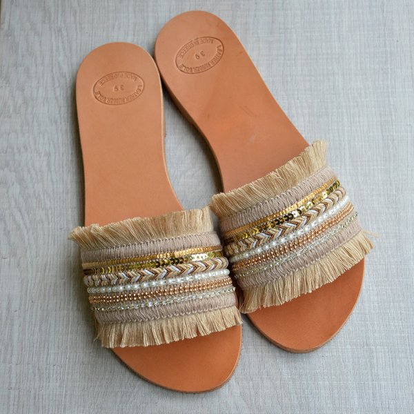 Bohemian Leather Sandals Beige - δέρμα, romantic, boho, φλατ, slides