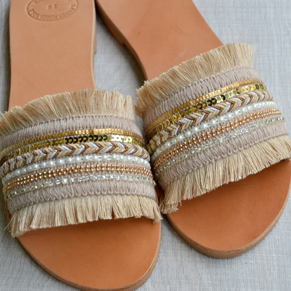 Bohemian Leather Sandals Beige - δέρμα, romantic, boho, φλατ, slides - 2