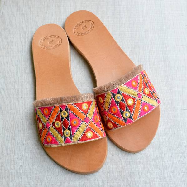 Ethnic Leather Sandals - δέρμα, boho, ethnic, φλατ, slides
