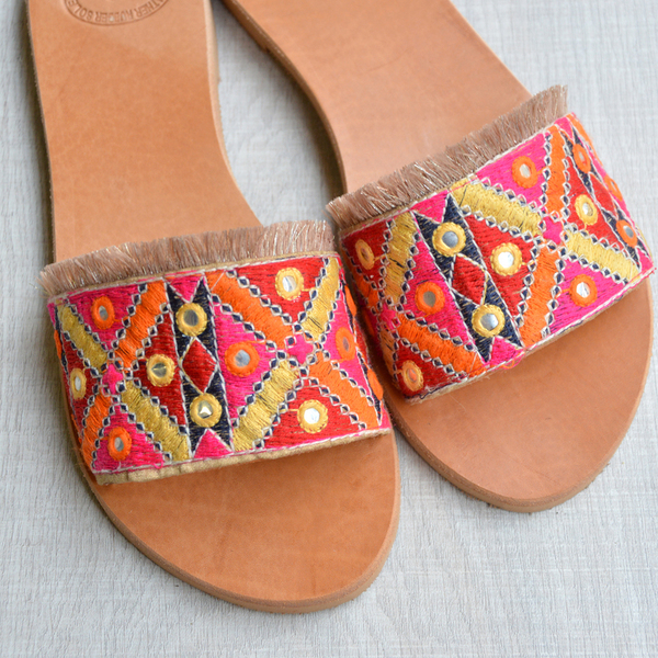 Ethnic Leather Sandals - δέρμα, boho, ethnic, φλατ, slides - 2