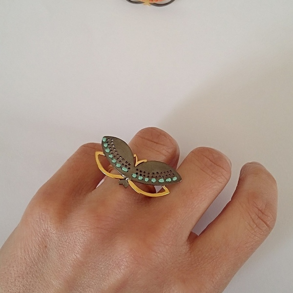 Μorpho Ring-Ασημένιο Δαχτυλίδι Πεταλούδα Κεντημένο με Βαμβακερό Νήμα - statement, ασήμι, επιχρυσωμένα, κορδόνια, ethnic, μεγάλα, επιροδιωμένα, αυξομειούμενα - 2