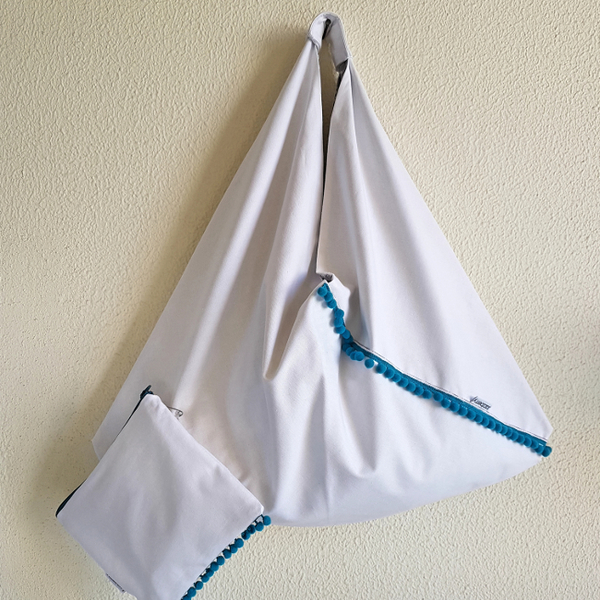 Τσάντα ώμου και νεσεσέρ Origami Summer White - ύφασμα, ώμου, pom pom, minimal