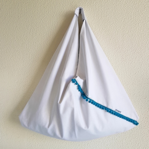 Τσάντα ώμου και νεσεσέρ Origami Summer White - ύφασμα, ώμου, pom pom, minimal - 2