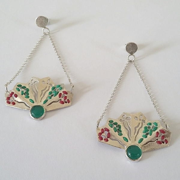 Μini Fan Agate Earrings-Σκουλαρίκια Βεντάλιες Από Ασήμι 925 με Πράσινο Αχάτη - ασήμι, επιχρυσωμένα, κορδόνια, romantic, μακριά, boho, κρεμαστά - 2