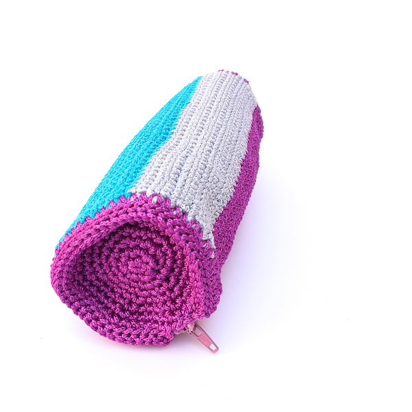 Πλεκτή κασετίνα βαρελάκι σε βιολετί ασημί και τυρκουάζ χρώμα - ριγέ, κασετίνες, crochet, πλεκτή - 3
