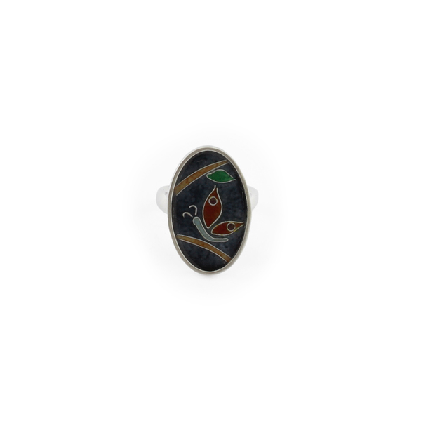 Cloisonne δαχτυλίδι με σμάλτο οβάλ σε ασήμι 925 φθινοπωρινή πεταλούδα - statement, γυαλί, ασήμι 925, επάργυρα, γεωμετρικά σχέδια, personalised, boho, σταθερά, μεγάλα