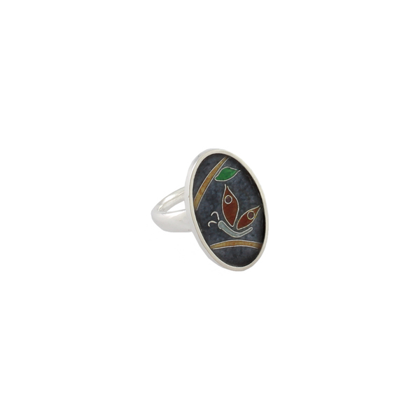 Cloisonne δαχτυλίδι με σμάλτο οβάλ σε ασήμι 925 φθινοπωρινή πεταλούδα - statement, γυαλί, ασήμι 925, επάργυρα, γεωμετρικά σχέδια, personalised, boho, σταθερά, μεγάλα - 2