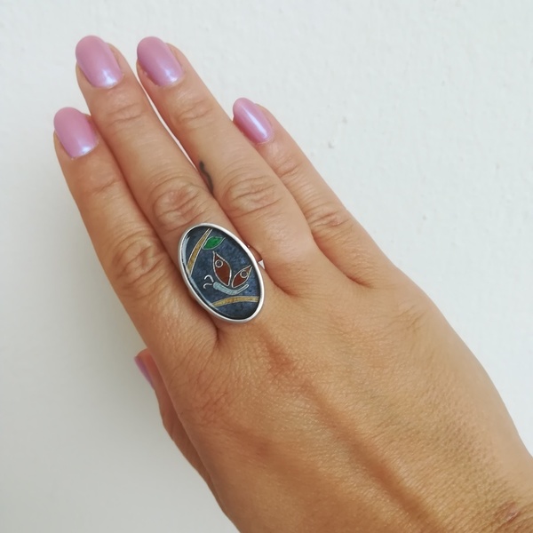 Cloisonne δαχτυλίδι με σμάλτο οβάλ σε ασήμι 925 φθινοπωρινή πεταλούδα - statement, γυαλί, ασήμι 925, επάργυρα, γεωμετρικά σχέδια, personalised, boho, σταθερά, μεγάλα - 4