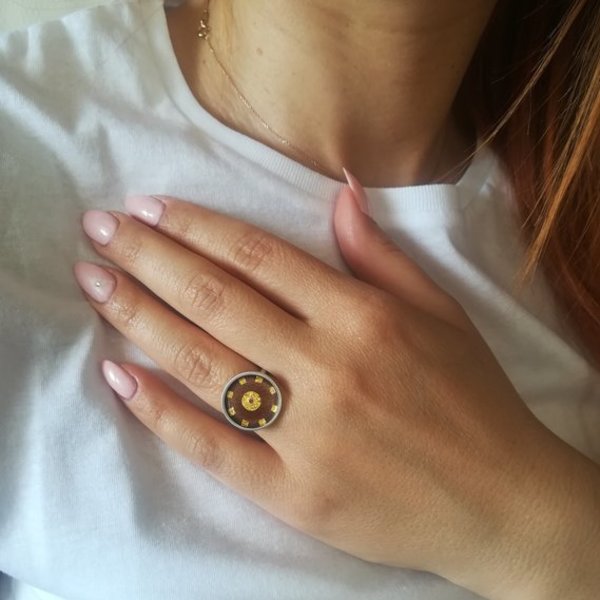 Cloisonne στρογγυλό δαχτυλίδι με σμάλτο σε ασήμι 925 και φύλλο χρυσού 24Κ - statement, vintage, γυαλί, chevalier, ασήμι 925, επάργυρα, γεωμετρικά σχέδια, minimal, personalised, αυξομειούμενα - 3