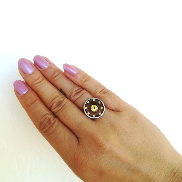 Cloisonne στρογγυλό δαχτυλίδι με σμάλτο σε ασήμι 925 και φύλλο χρυσού 24Κ - statement, vintage, γυαλί, chevalier, ασήμι 925, επάργυρα, γεωμετρικά σχέδια, minimal, personalised, αυξομειούμενα - 4