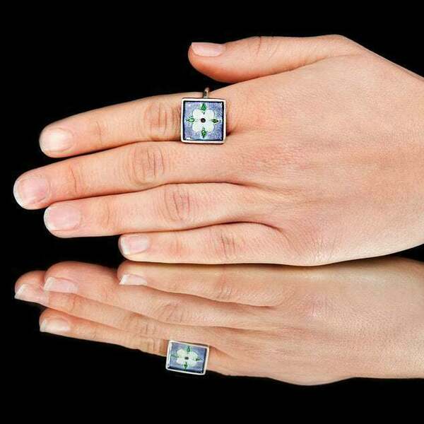 Statement flower ring τετράγωνο δαχτυλίδι λουλούδι με σμάλτο σε ασήμι 925 - statement, αυξομειούμενα, επάργυρα, γυαλί, ασήμι 925, boho, personalised, ethnic, vintage, μεγάλα